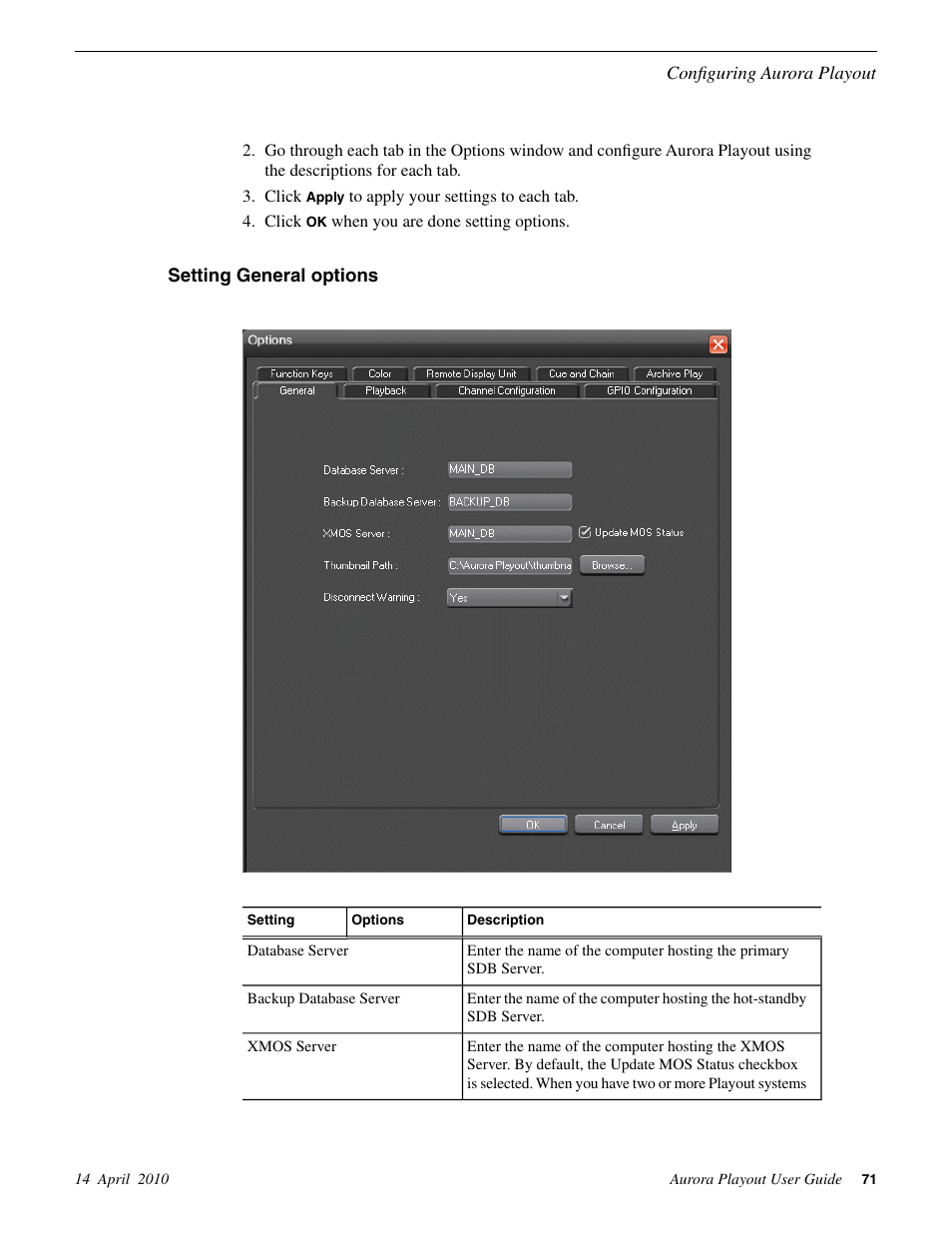 Setting general options | Grass Valley Aurora Playout v.7.0 User Manual | Page 71 / 224