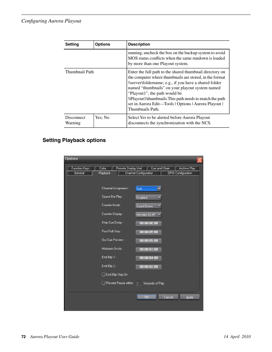 Setting playback options | Grass Valley Aurora Playout v.7.0 User Manual | Page 72 / 224