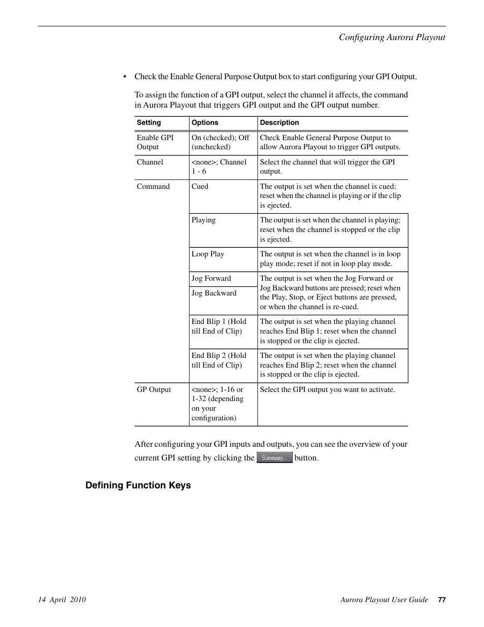 Defining function keys | Grass Valley Aurora Playout v.7.0 User Manual | Page 77 / 224