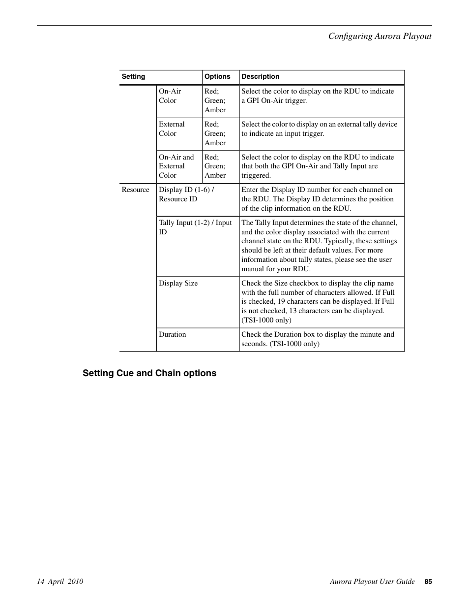 Setting cue and chain options | Grass Valley Aurora Playout v.7.0 User Manual | Page 85 / 224