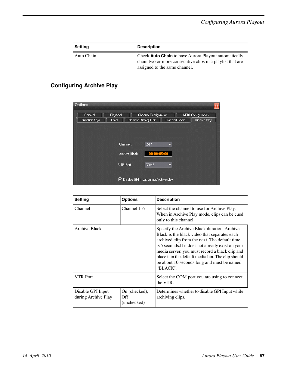 Configuring archive play | Grass Valley Aurora Playout v.7.0 User Manual | Page 87 / 224