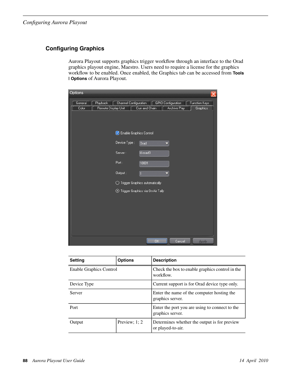 Configuring graphics | Grass Valley Aurora Playout v.7.0 User Manual | Page 88 / 224