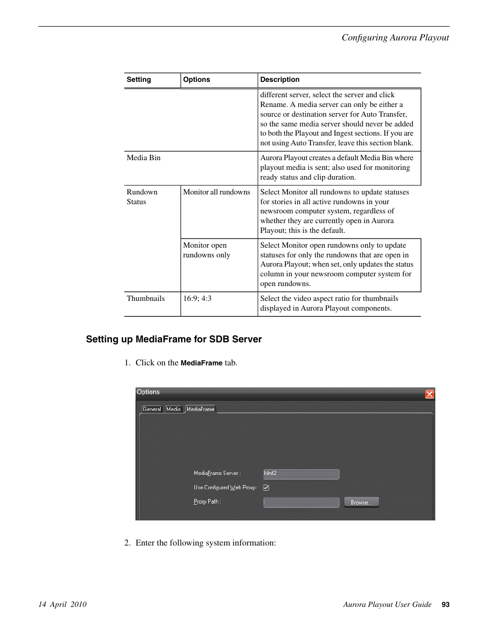 Setting up mediaframe for sdb server | Grass Valley Aurora Playout v.7.0 User Manual | Page 93 / 224