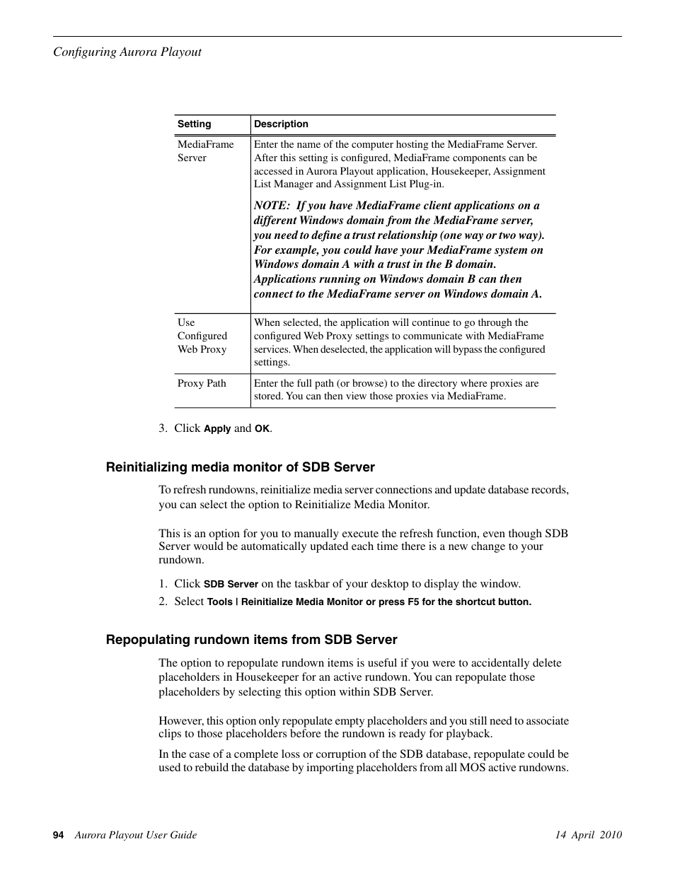 Reinitializing media monitor of sdb server, Repopulating rundown items from sdb server | Grass Valley Aurora Playout v.7.0 User Manual | Page 94 / 224