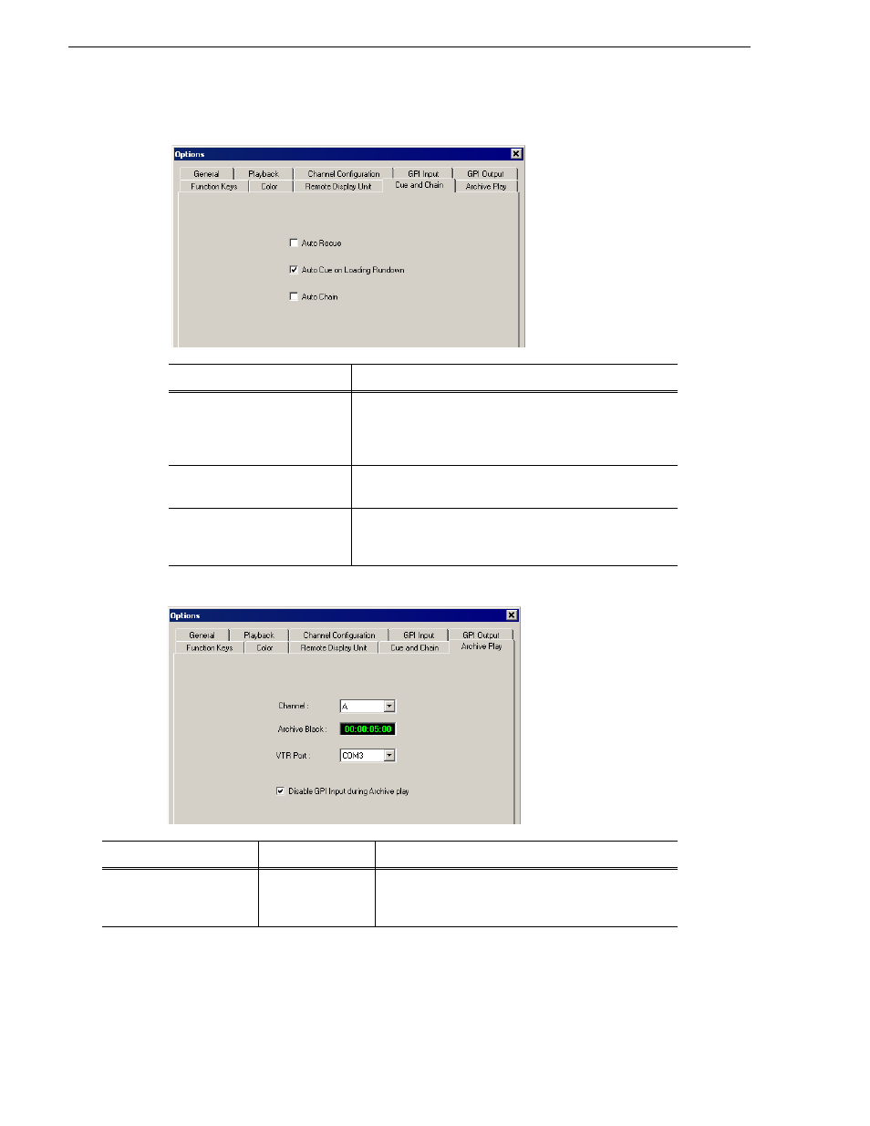 Setting cue and chain options, Configuring archive play, Chapter 4 configuring aurora playout | Grass Valley Aurora Playout v.6.3 User Manual | Page 56 / 130
