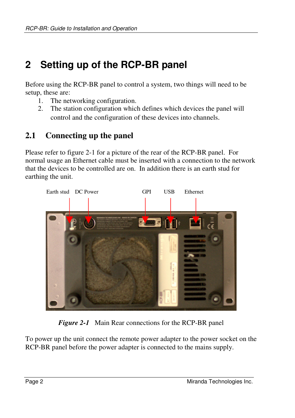 2 setting up of the rcp-br panel, 1 connecting up the panel | Grass Valley Branding Panel User Manual | Page 10 / 87
