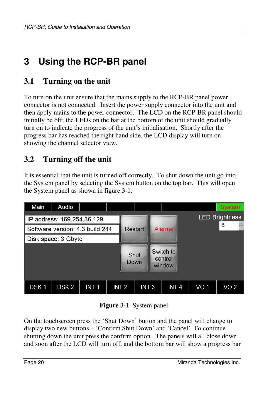 3 using the rcp-br panel, 1 turning on the unit, 2 turning off the unit | Grass Valley Branding Panel User Manual | Page 28 / 87