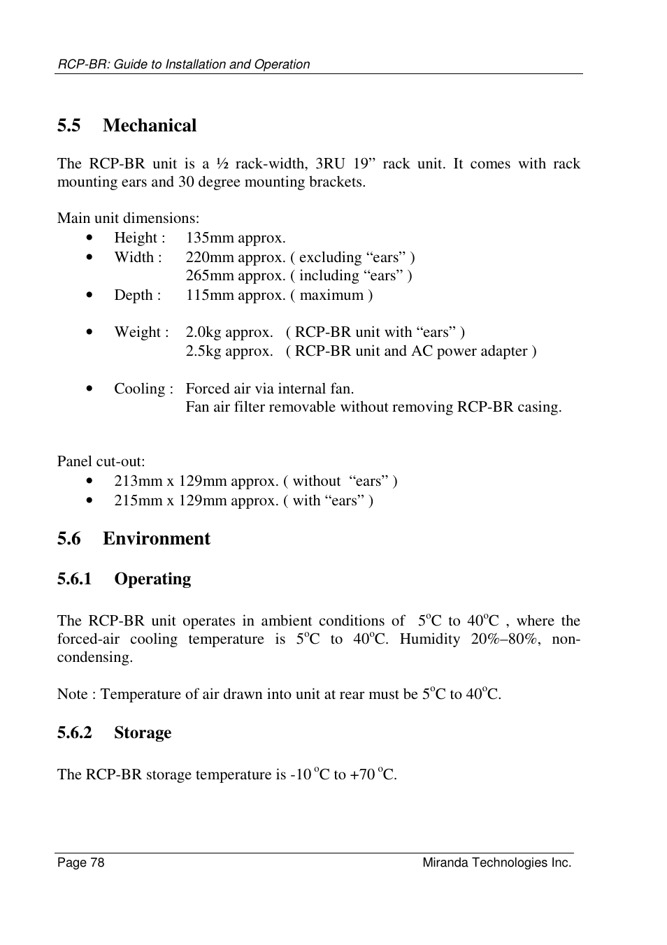5 mechanical, 6 environment, 1 operating | 2 storage | Grass Valley Branding Panel User Manual | Page 86 / 87