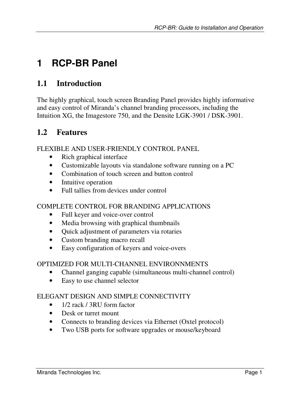 1 rcp-br panel, 1 introduction, 2 features | Grass Valley Branding Panel User Manual | Page 9 / 87