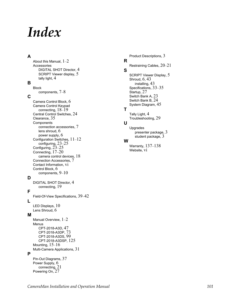 Index | Grass Valley 3-CCD CameraMan User Manual | Page 101 / 102