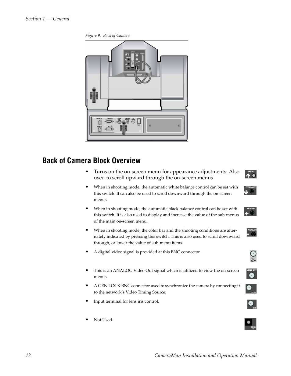 Figure 9. back of camera, Back of camera block overview | Grass Valley 3-CCD CameraMan User Manual | Page 12 / 102
