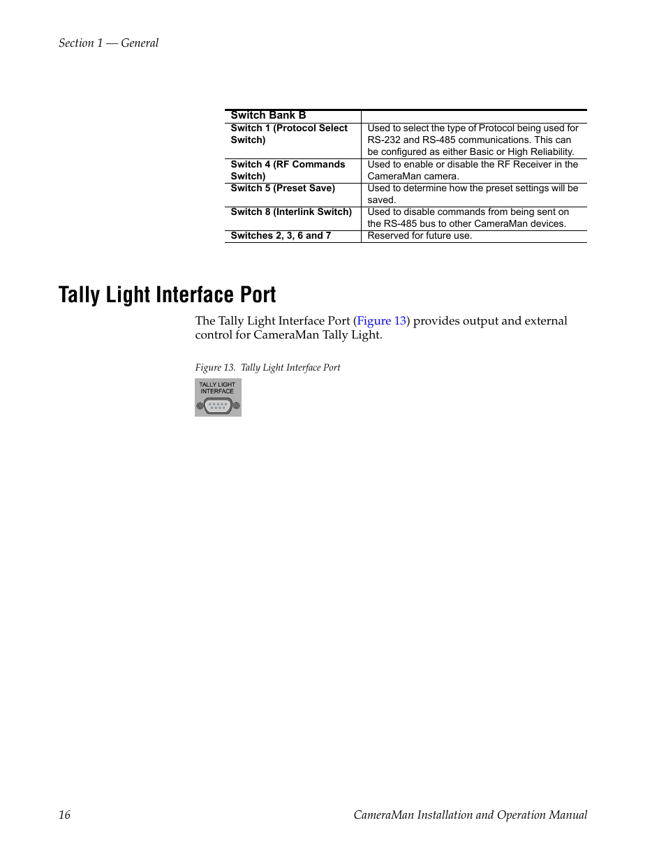 Tally light interface port, Figure 13. tally light interface port | Grass Valley 3-CCD CameraMan User Manual | Page 16 / 102