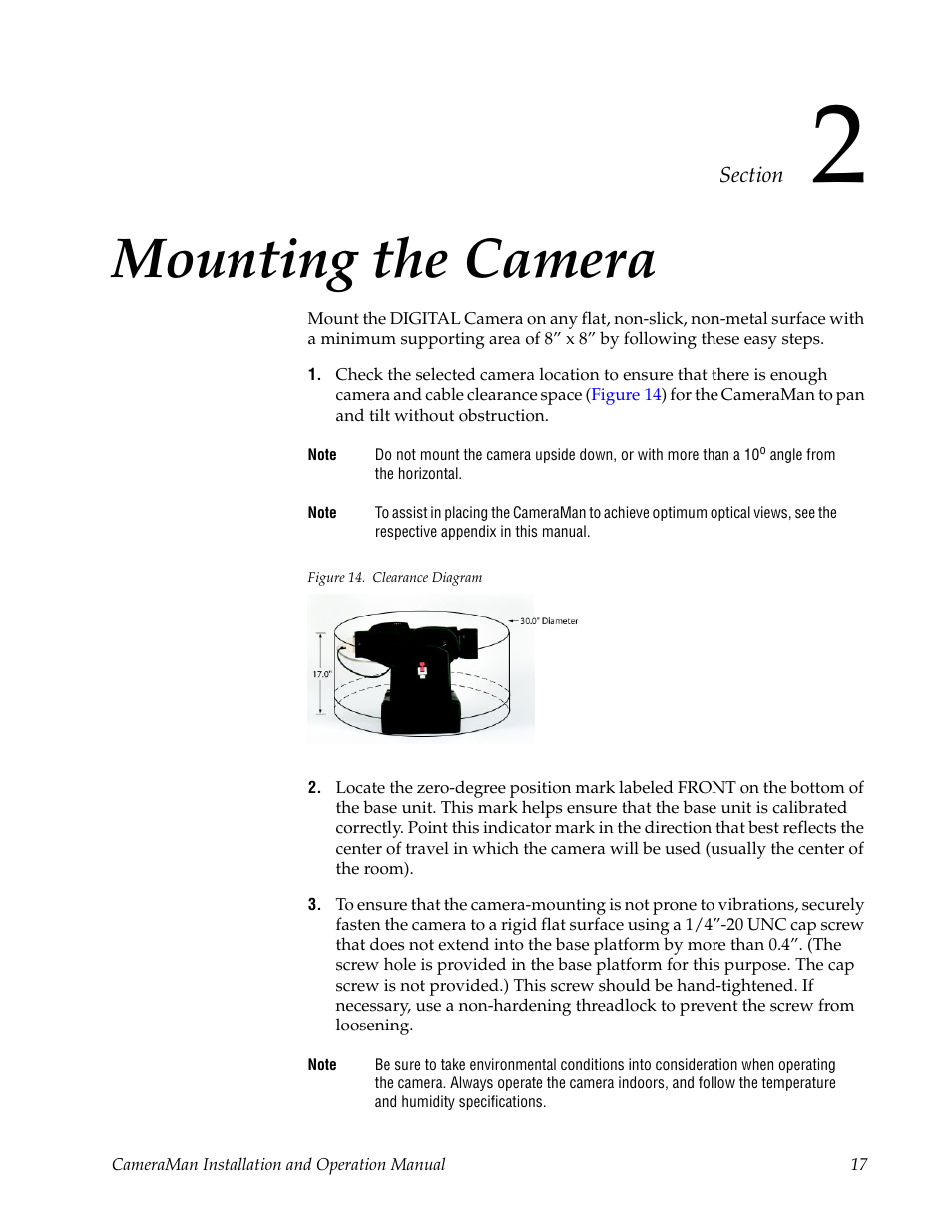 Section 2, Mounting the camera, Figure 14. clearance diagram | Section 2 — mounting the camera | Grass Valley 3-CCD CameraMan User Manual | Page 17 / 102