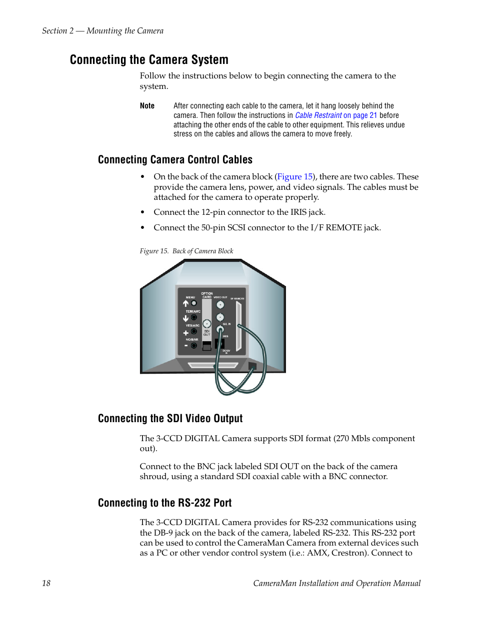 Connecting the camera system, Connecting camera control cables, Figure 15. back of camera block | Connecting the sdi video output, Connecting to the rs-232 port | Grass Valley 3-CCD CameraMan User Manual | Page 18 / 102
