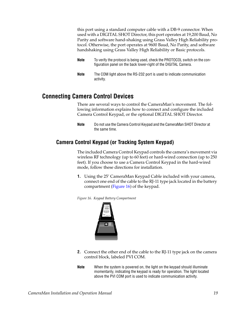 Connecting camera control devices, Camera control keypad (or tracking system keypad), Figure 16. keypad battery compartment | Grass Valley 3-CCD CameraMan User Manual | Page 19 / 102