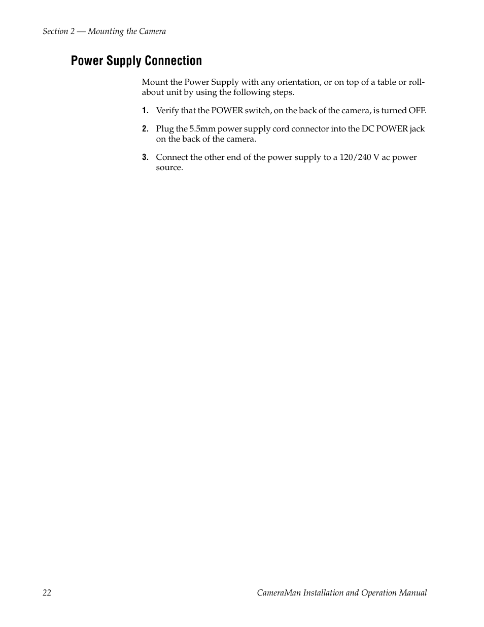 Power supply connection | Grass Valley 3-CCD CameraMan User Manual | Page 22 / 102