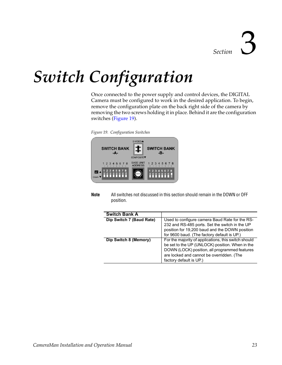 Section 3, Switch configuration, Figure 19. configuration switches | Grass Valley 3-CCD CameraMan User Manual | Page 23 / 102