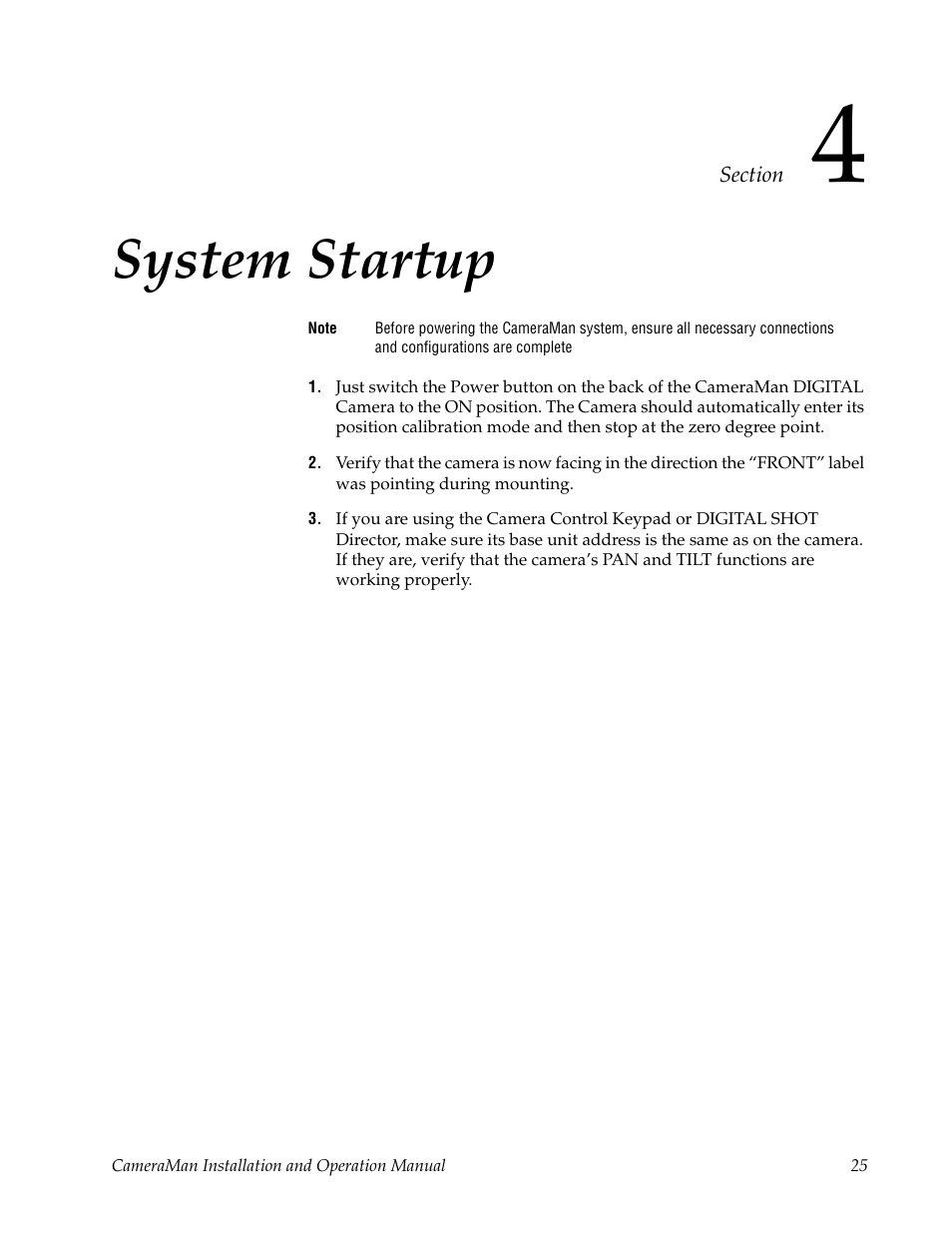 Section 4, System startup | Grass Valley 3-CCD CameraMan User Manual | Page 25 / 102