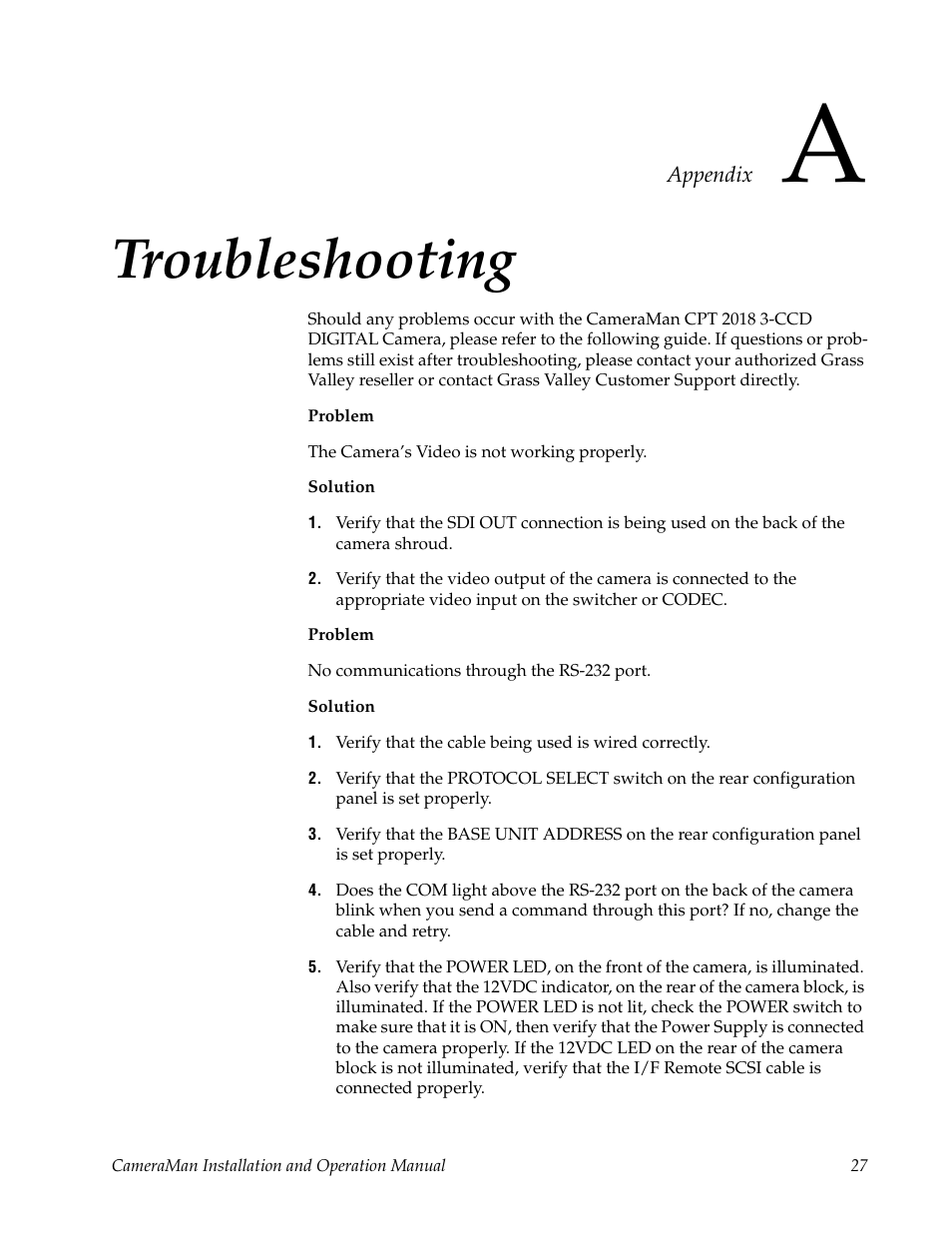 Appendix a, Troubleshooting | Grass Valley 3-CCD CameraMan User Manual | Page 27 / 102