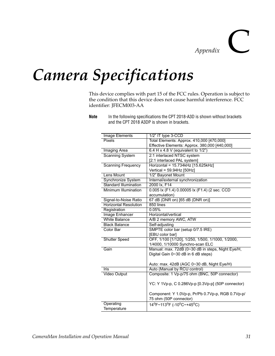 Appendix c, Camera specifications, Appendix | Grass Valley 3-CCD CameraMan User Manual | Page 31 / 102
