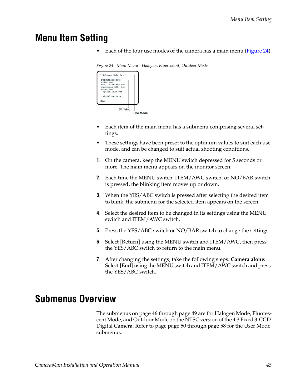 Menu item setting, Submenus overview | Grass Valley 3-CCD CameraMan User Manual | Page 45 / 102
