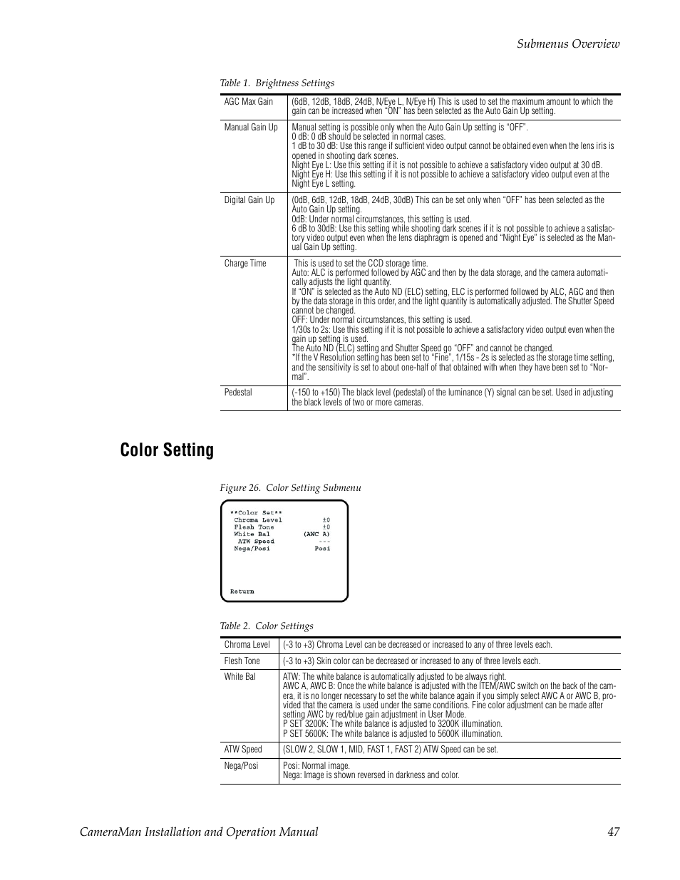 Color setting, Figure 26. color setting submenu, Table 2. color settings | Grass Valley 3-CCD CameraMan User Manual | Page 47 / 102