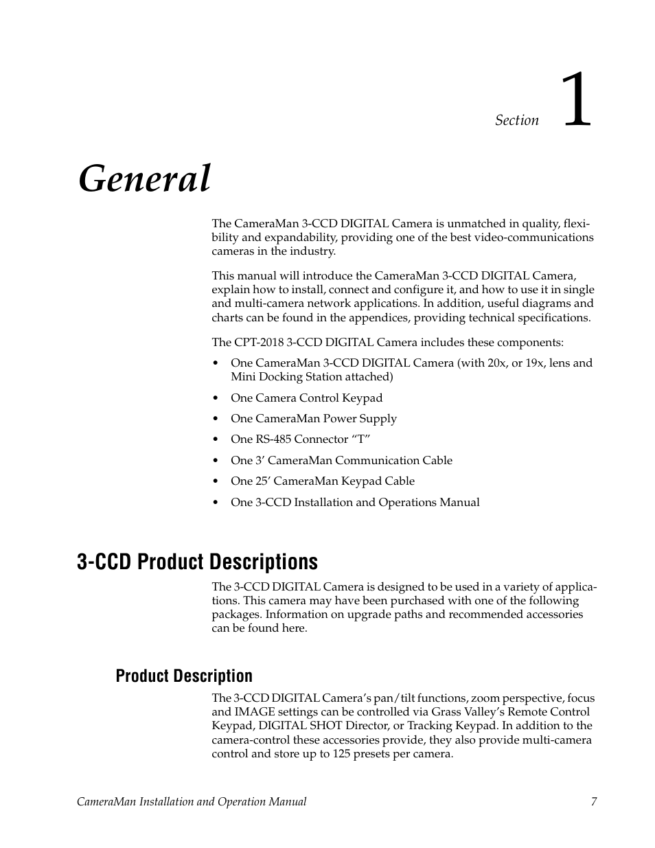 Section 1, General, Ccd product descriptions | Product description, Section 1 — general | Grass Valley 3-CCD CameraMan User Manual | Page 7 / 102