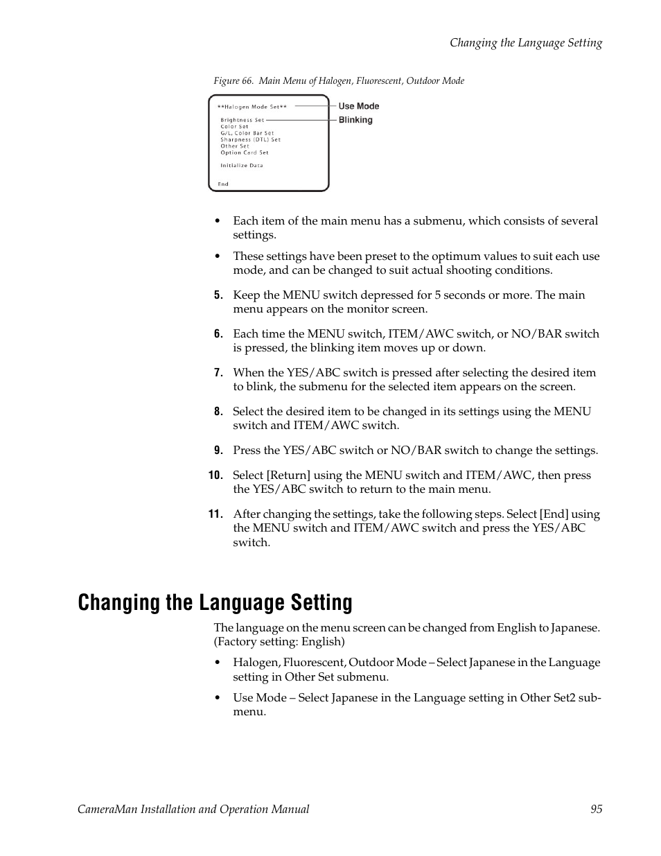 Changing the language setting | Grass Valley 3-CCD CameraMan User Manual | Page 95 / 102