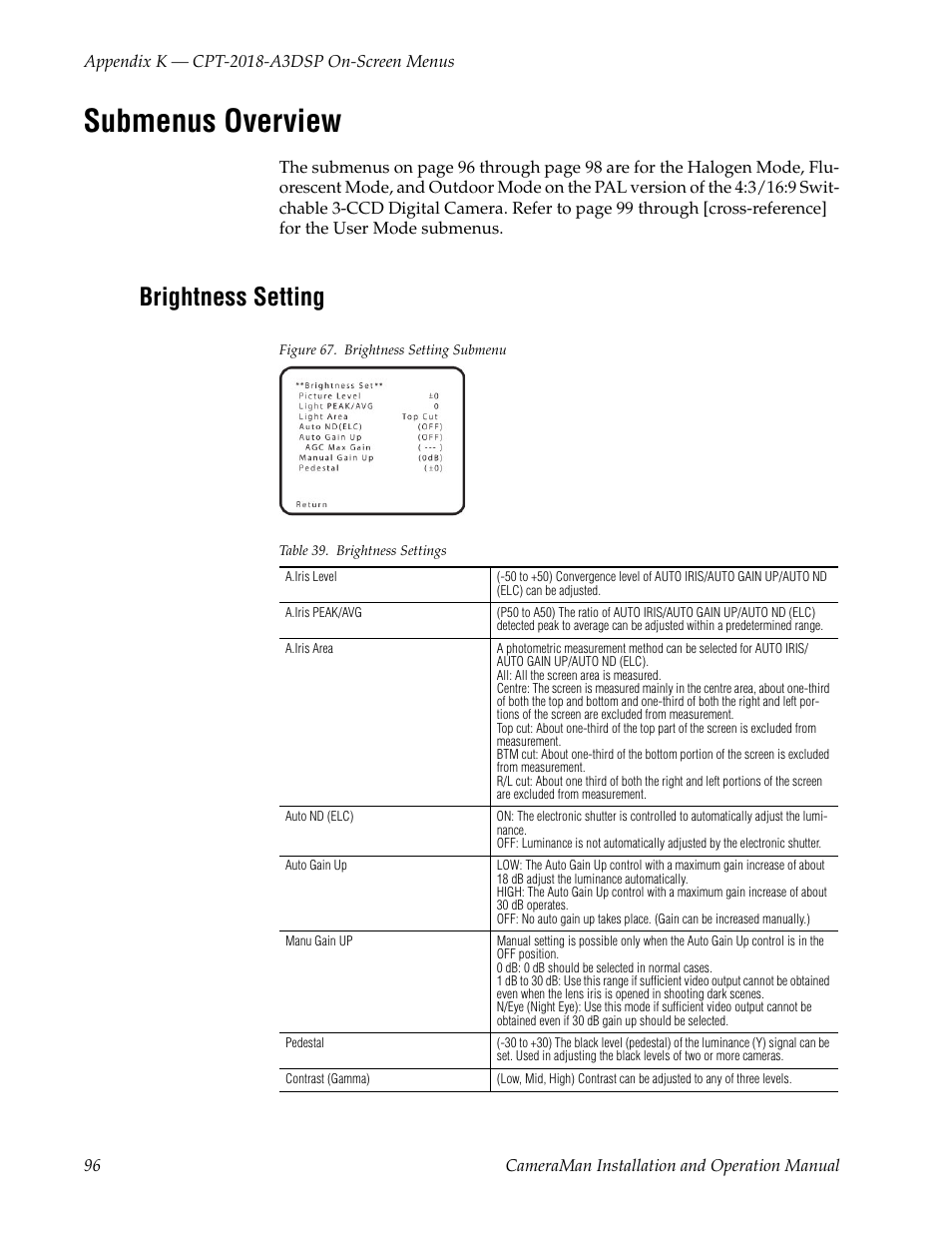 Submenus overview, Brightness setting, Figure 67. brightness setting submenu | Table 39. brightness settings | Grass Valley 3-CCD CameraMan User Manual | Page 96 / 102
