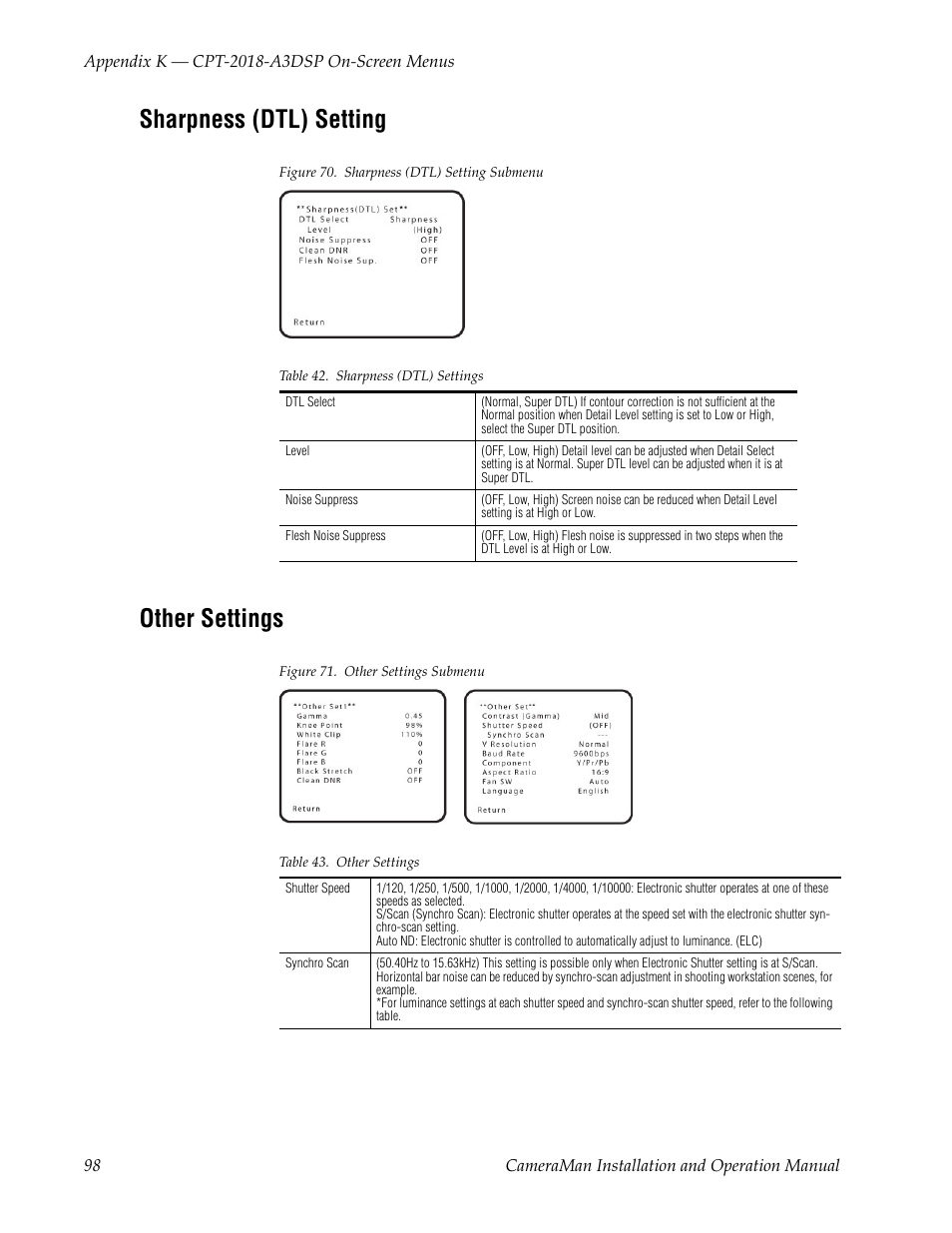 Sharpness (dtl) setting, Figure 70. sharpness (dtl) setting submenu, Table 42. sharpness (dtl) settings | Other settings, Figure 71. other settings submenu, Table 43. other settings | Grass Valley 3-CCD CameraMan User Manual | Page 98 / 102