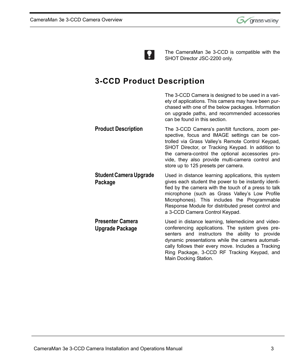 Ccd product description, Product description, Student camera upgrade package | Presenter camera upgrade package, Ccd product description 3 | Grass Valley 3e CameraMan User Manual | Page 11 / 58