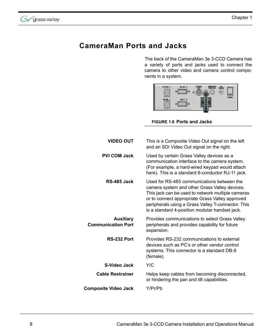 Cameraman ports and jacks, Figure 1.8 ports and jacks, Cameraman ports and jacks 8 | Ports and jacks 8 | Grass Valley 3e CameraMan User Manual | Page 16 / 58