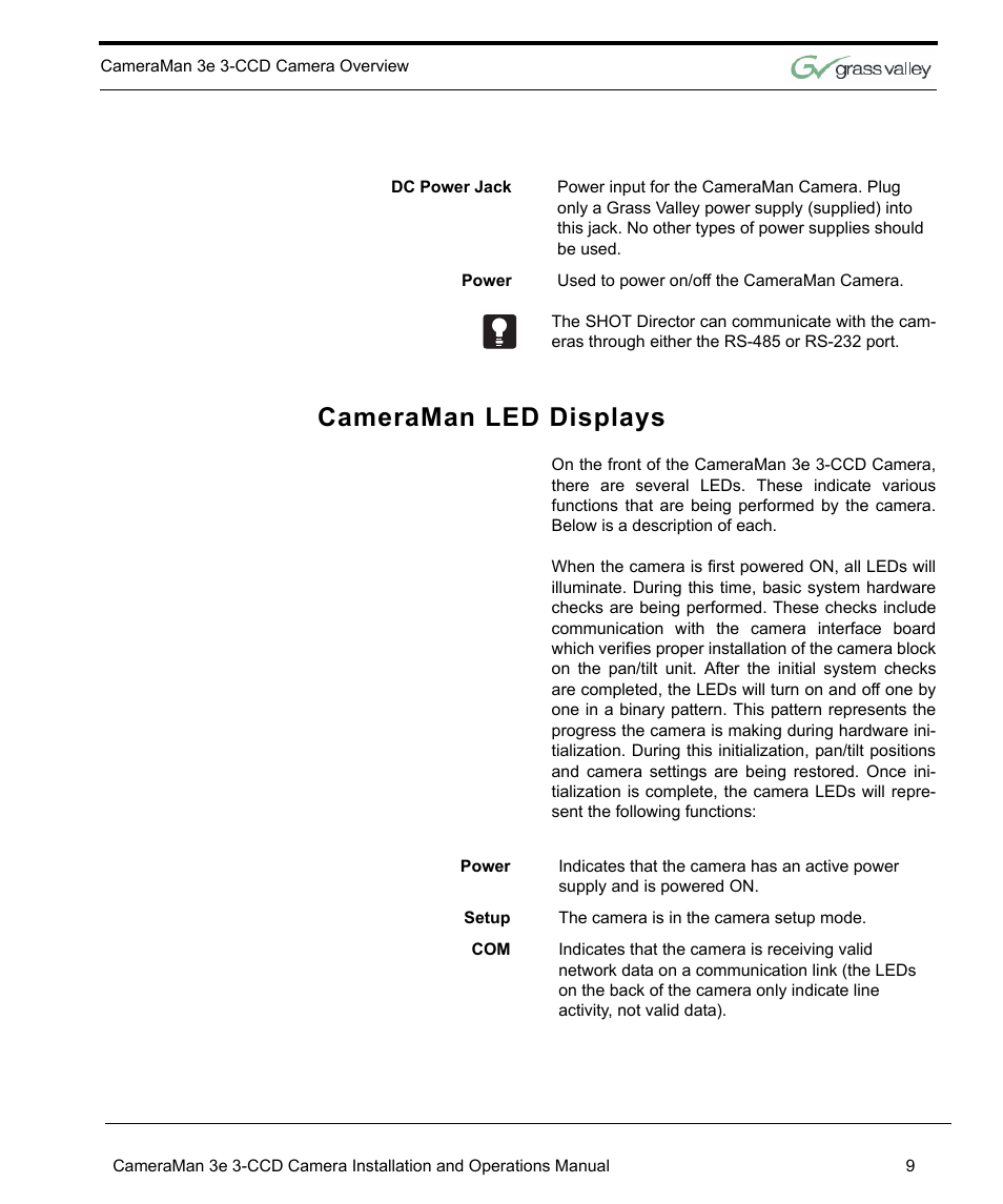 Cameraman led displays, Cameraman led displays 9 | Grass Valley 3e CameraMan User Manual | Page 17 / 58