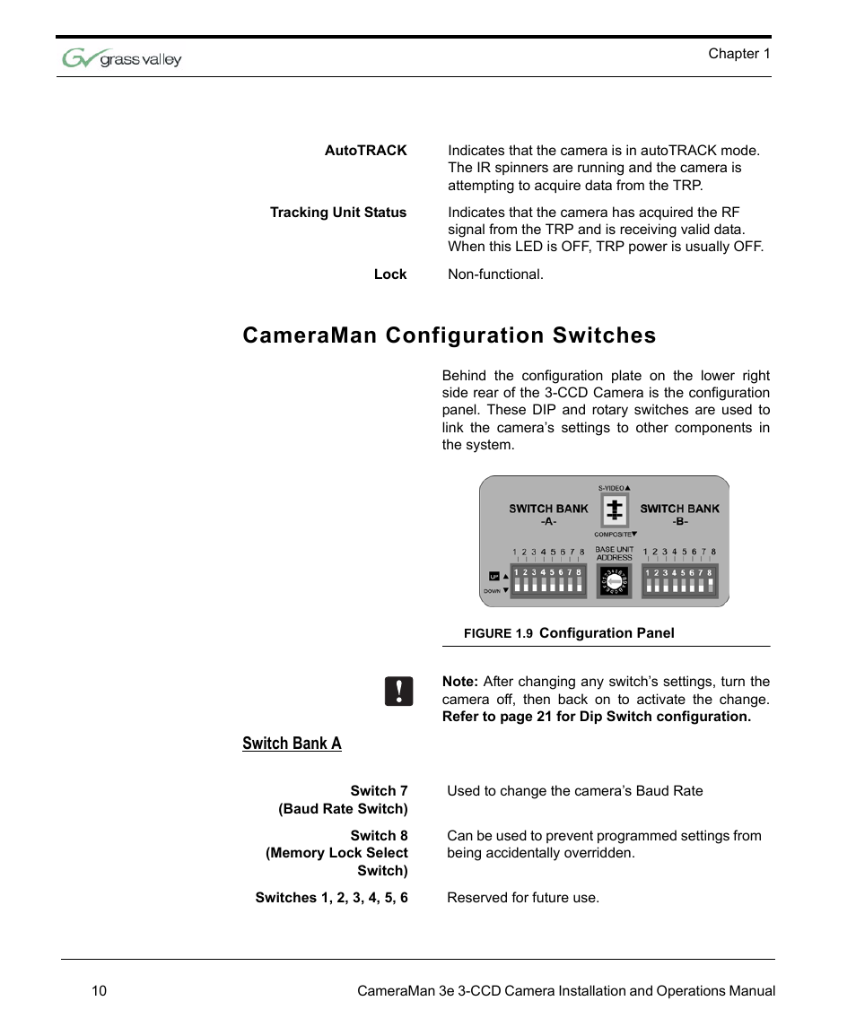 Cameraman configuration switches, Figure 1.9 configuration panel, Switch bank a | Cameraman configuration switches 10, Configuration panel 10 | Grass Valley 3e CameraMan User Manual | Page 18 / 58