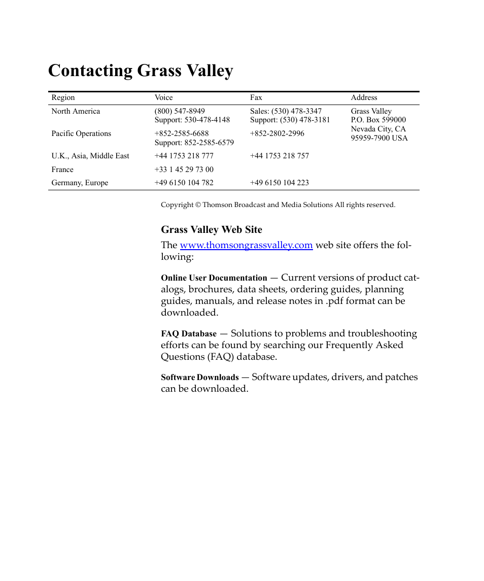 Contacting grass valley, Grass valley web site | Grass Valley 3e CameraMan User Manual | Page 2 / 58
