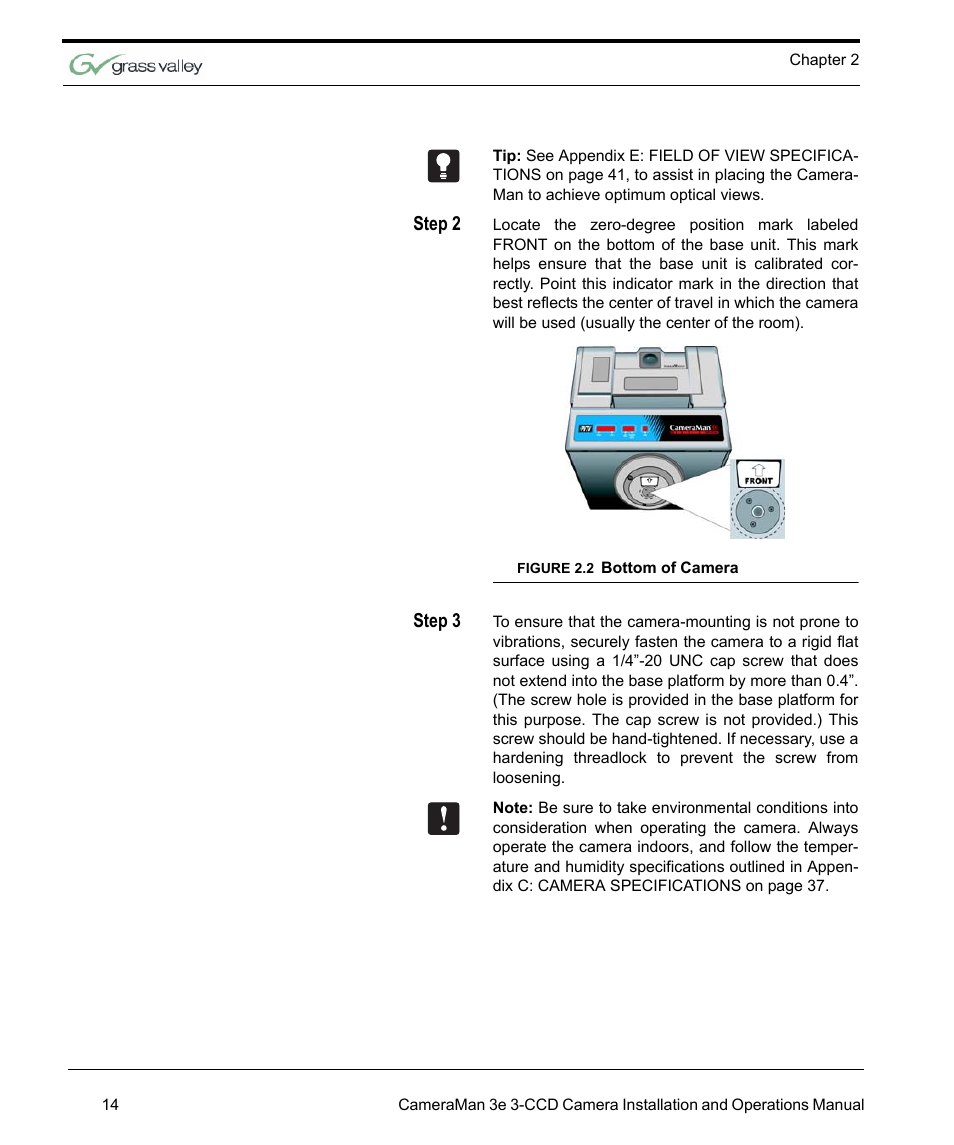 Step 2, Figure 2.2 bottom of camera, Step 3 | Bottom of camera 14 | Grass Valley 3e CameraMan User Manual | Page 22 / 58