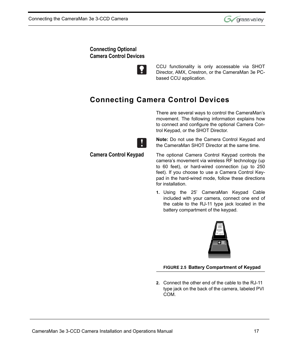 Connecting optional camera control devices, Connecting camera control devices, Camera control keypad | Figure 2.5 battery compartment of keypad, Connecting camera control devices 17, Battery compartment of keypad 17 | Grass Valley 3e CameraMan User Manual | Page 25 / 58