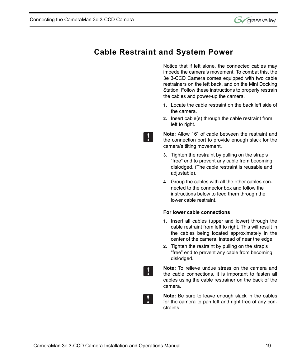 Cable restraint and system power, Cable restraint and system power 19 | Grass Valley 3e CameraMan User Manual | Page 27 / 58