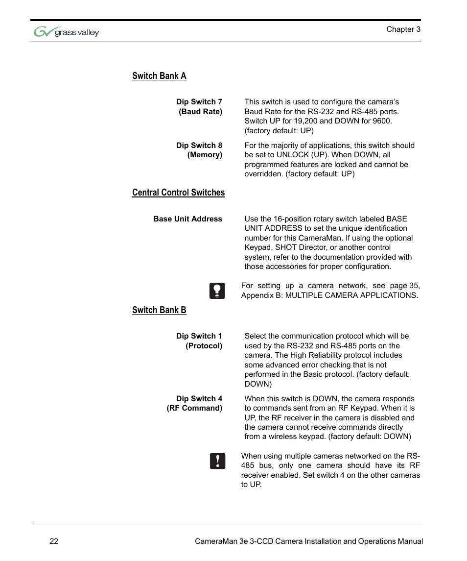 Switch bank a, Central control switches, Switch bank b | Grass Valley 3e CameraMan User Manual | Page 30 / 58