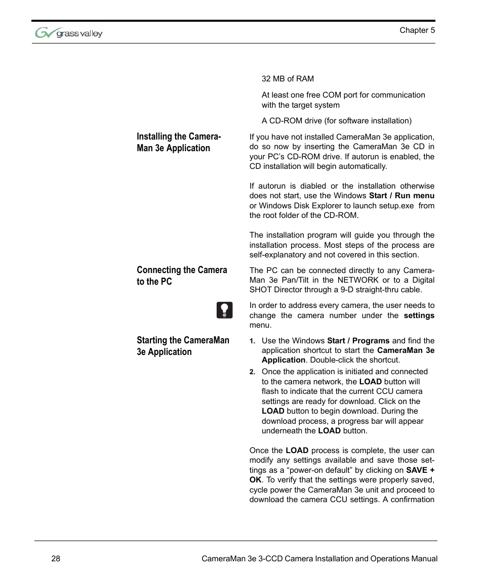 Installing the camera man 3e application, Connecting the camera to the pc, Starting the cameraman 3e application | Grass Valley 3e CameraMan User Manual | Page 36 / 58