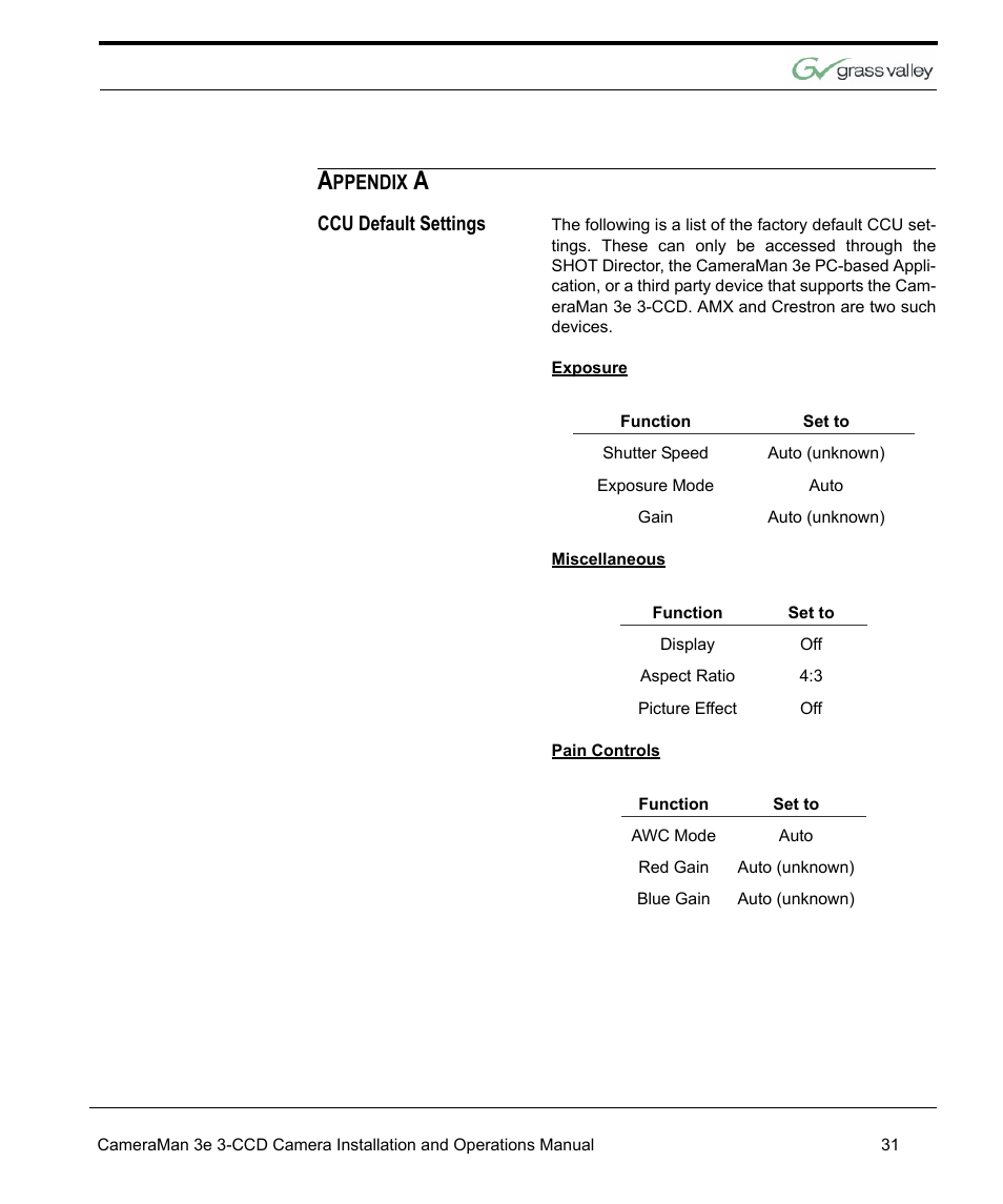 Ccu default settings, Appendix a 31, Ccu default settings 31 | Grass Valley 3e CameraMan User Manual | Page 39 / 58