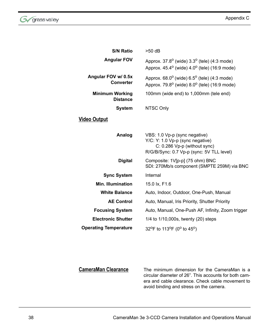 Video output, Cameraman clearance, Video output cameraman clearance | Grass Valley 3e CameraMan User Manual | Page 46 / 58