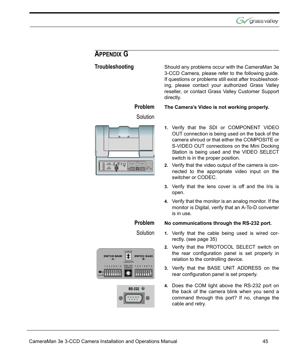 Troubleshooting, Problem, Solution | Appendix g 45, Troubleshooting 45 | Grass Valley 3e CameraMan User Manual | Page 53 / 58