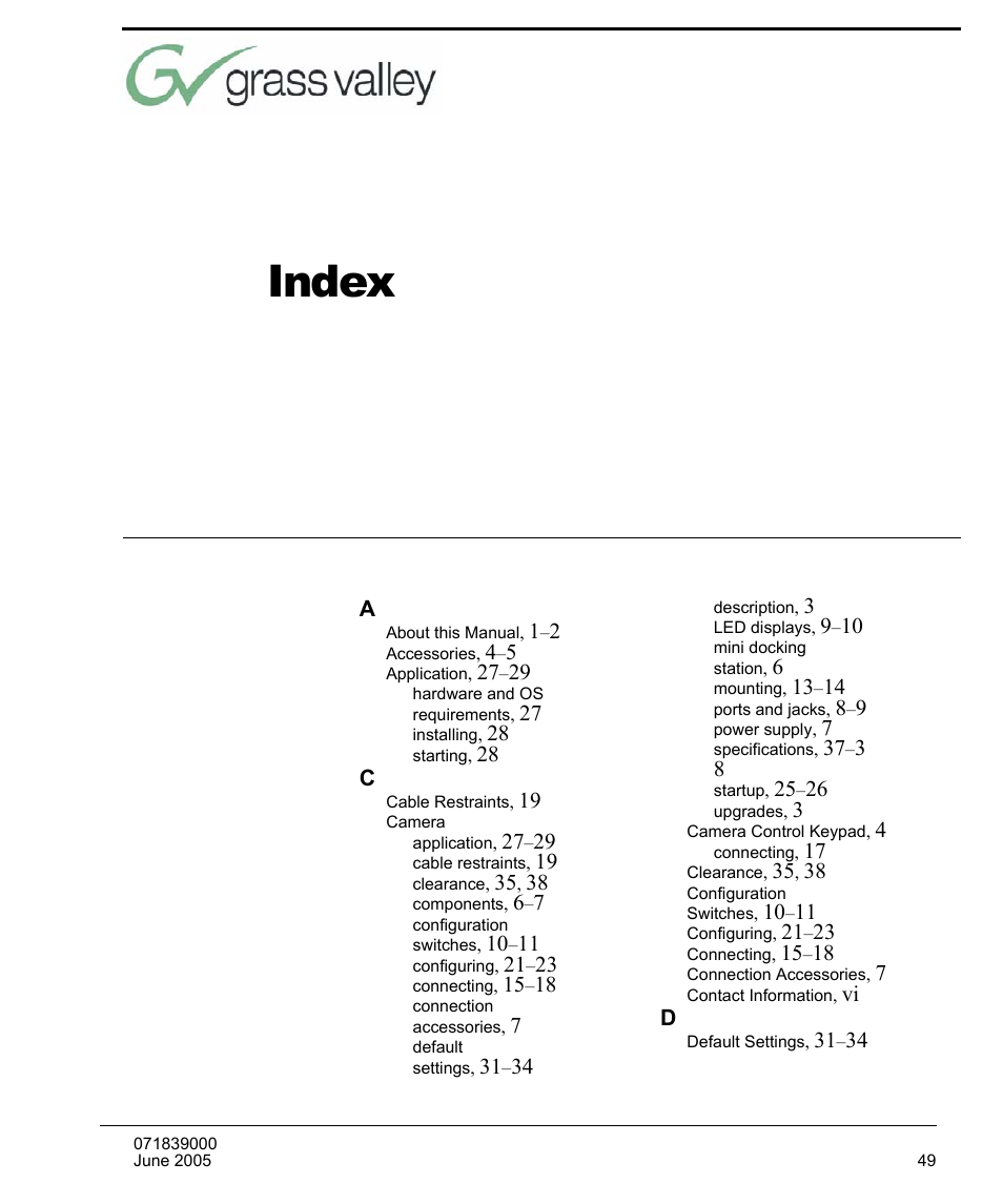 Index | Grass Valley 3e CameraMan User Manual | Page 57 / 58