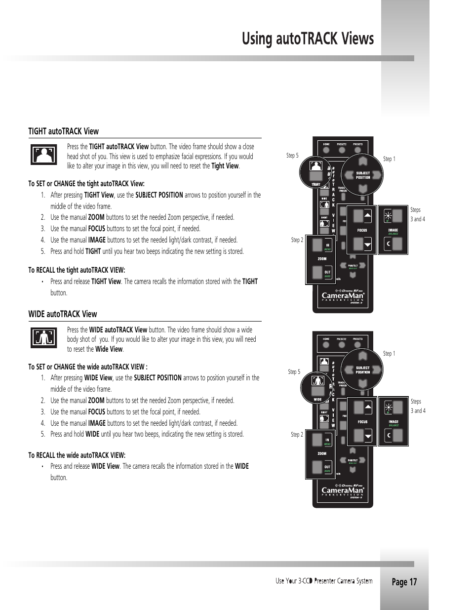 Page 17, Tight autotrack view, Wide autotrack view | Grass Valley 3-CCD CameraMan Rev.B User Manual | Page 20 / 35