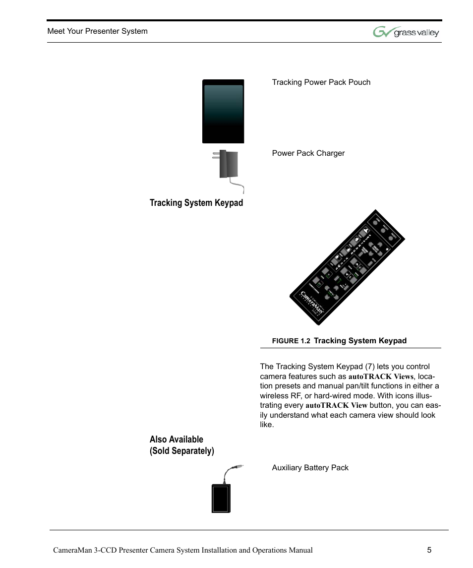 Tracking system keypad, Also available (sold separately) | Grass Valley 3-CCD CameraMan Rev.C User Manual | Page 11 / 70