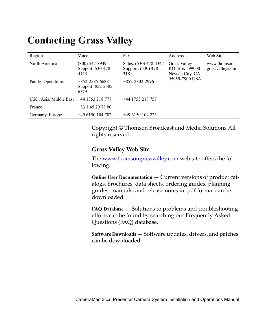 Contacting grass valley, Grass valley web site | Grass Valley 3-CCD CameraMan Rev.C User Manual | Page 2 / 70