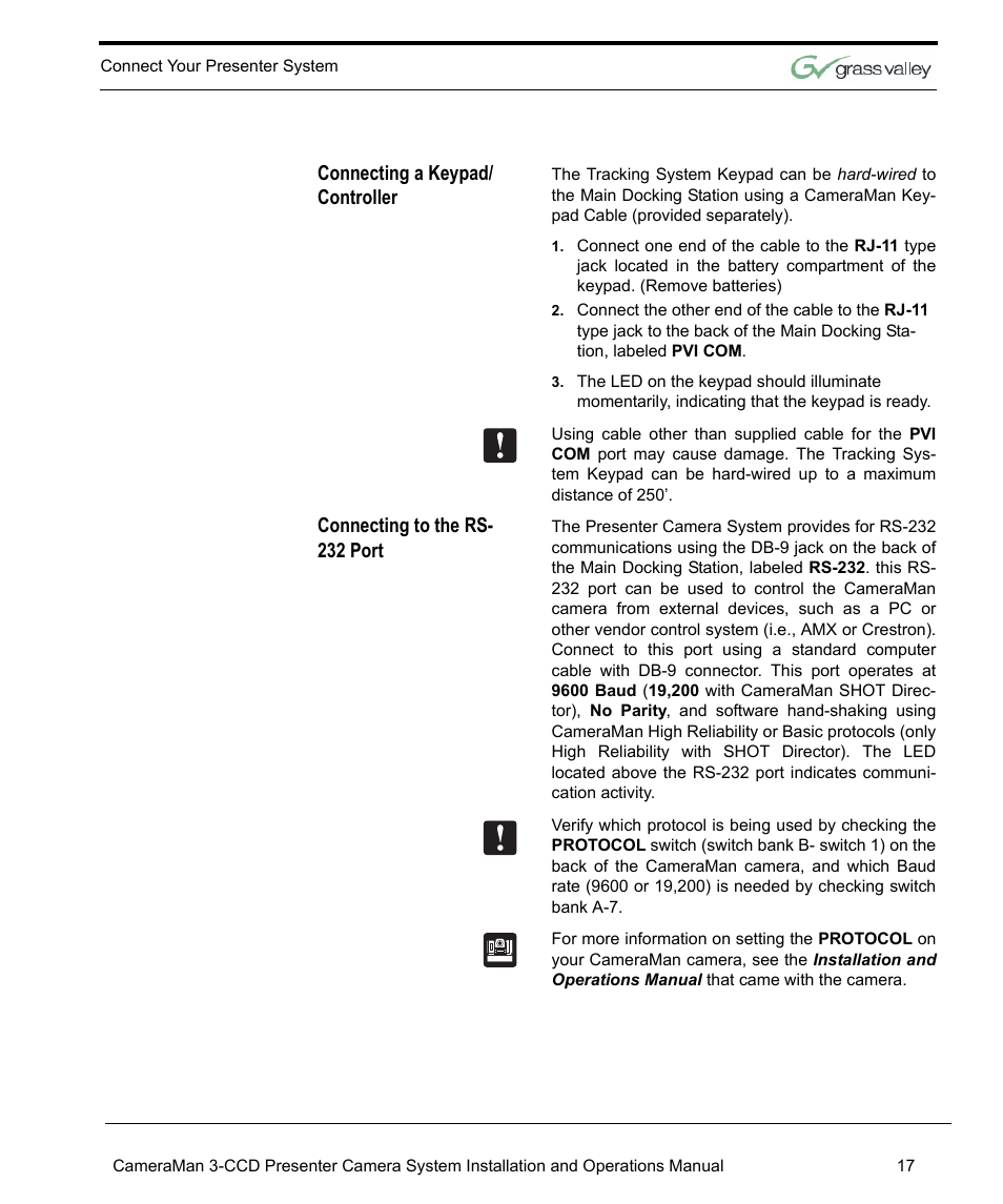 Connecting a keypad/ controller, Connecting to the rs- 232 port | Grass Valley 3-CCD CameraMan Rev.C User Manual | Page 23 / 70