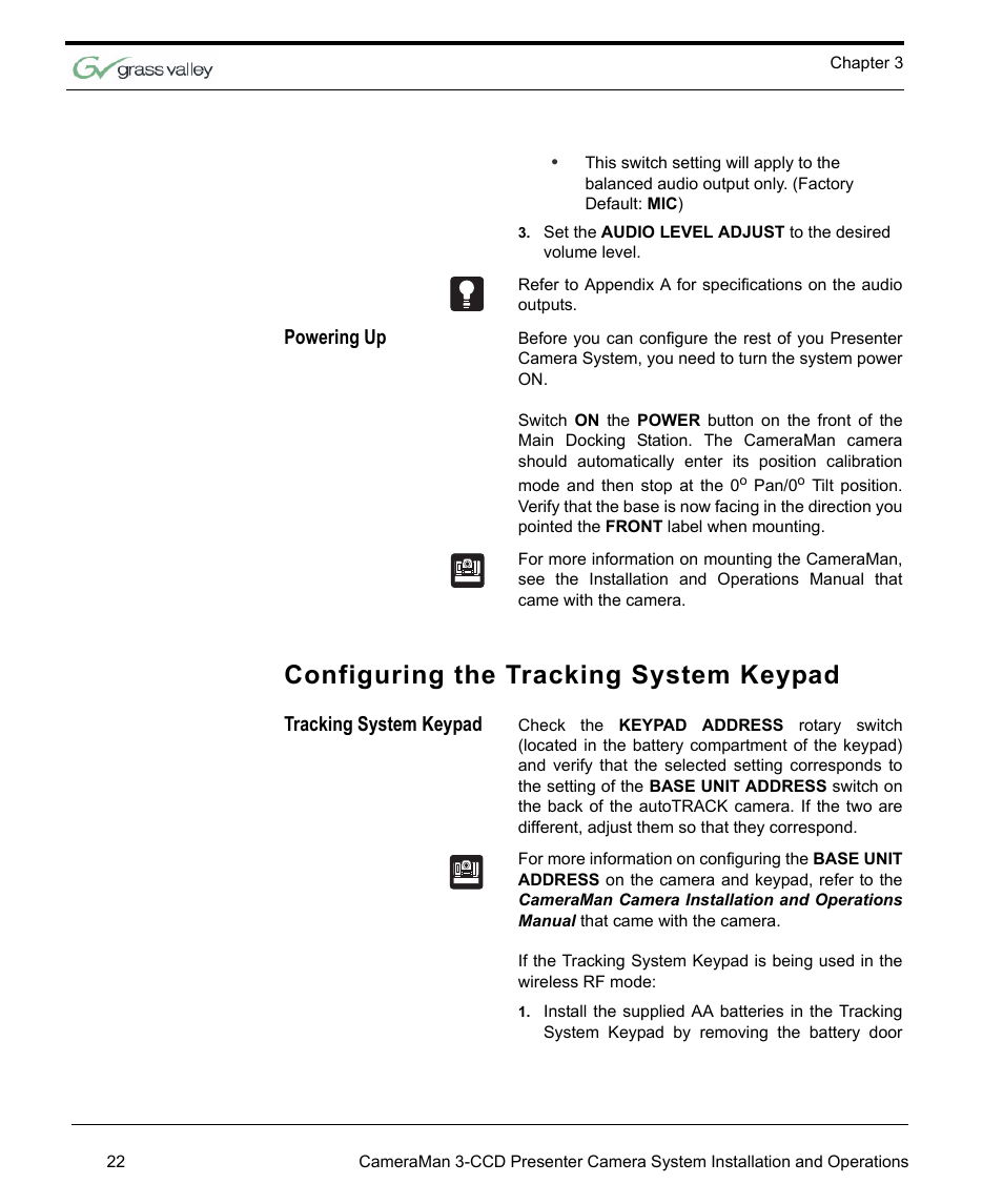 Powering up, Configuring the tracking system keypad, Tracking system keypad | Grass Valley 3-CCD CameraMan Rev.C User Manual | Page 28 / 70
