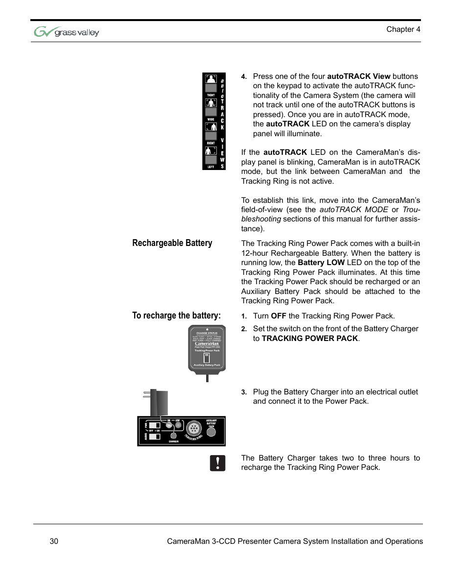 Rechargeable battery, To recharge the battery | Grass Valley 3-CCD CameraMan Rev.C User Manual | Page 36 / 70